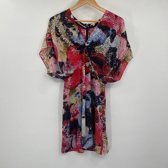 Anthropologie Leifsdottir Silk Mini Dress Abstract Print Dolman Sleeve V Neck 0 - Picture 3 of 9